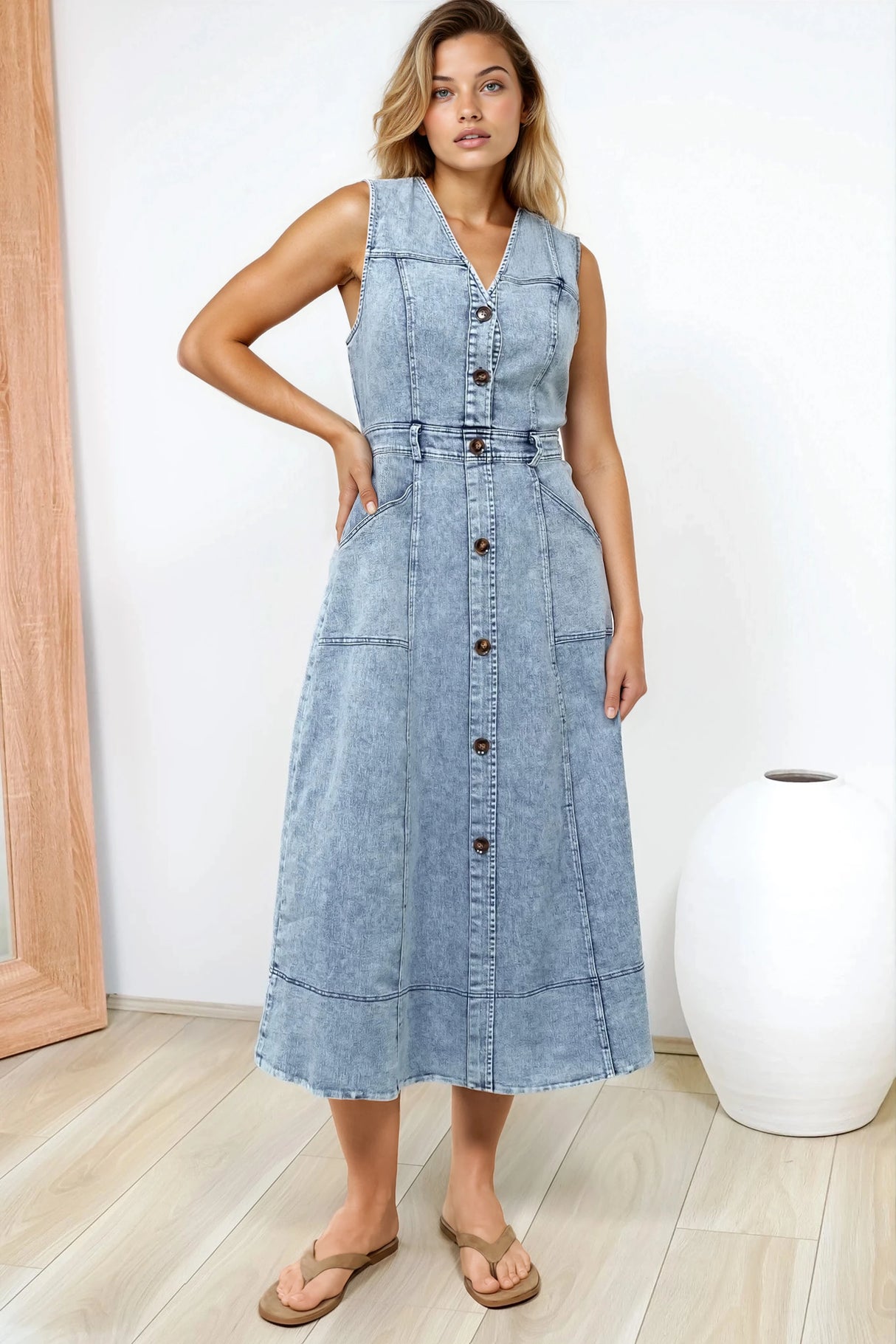 Capricorn Midi Dress - Sleeveless A-Line Denim Dress with Pockets in Denim Blue