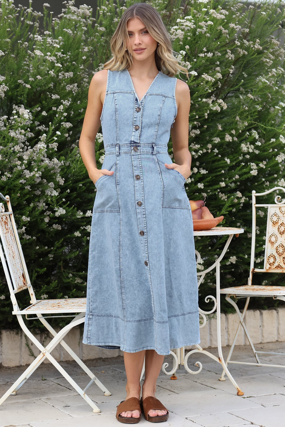 Capricorn Midi Dress - Sleeveless A-Line Denim Dress with Pockets in Denim Blue