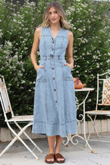 Capricorn Midi Dress - Sleeveless A-Line Denim Dress with Pockets in Denim Blue