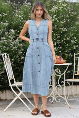 Capricorn Midi Dress - Sleeveless A-Line Denim Dress with Pockets in Denim Blue