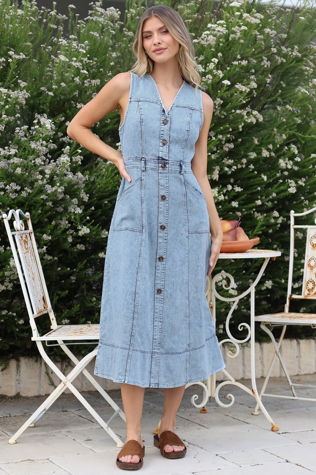 Capricorn Midi Dress - Sleeveless A-Line Denim Dress with Pockets in Denim Blue