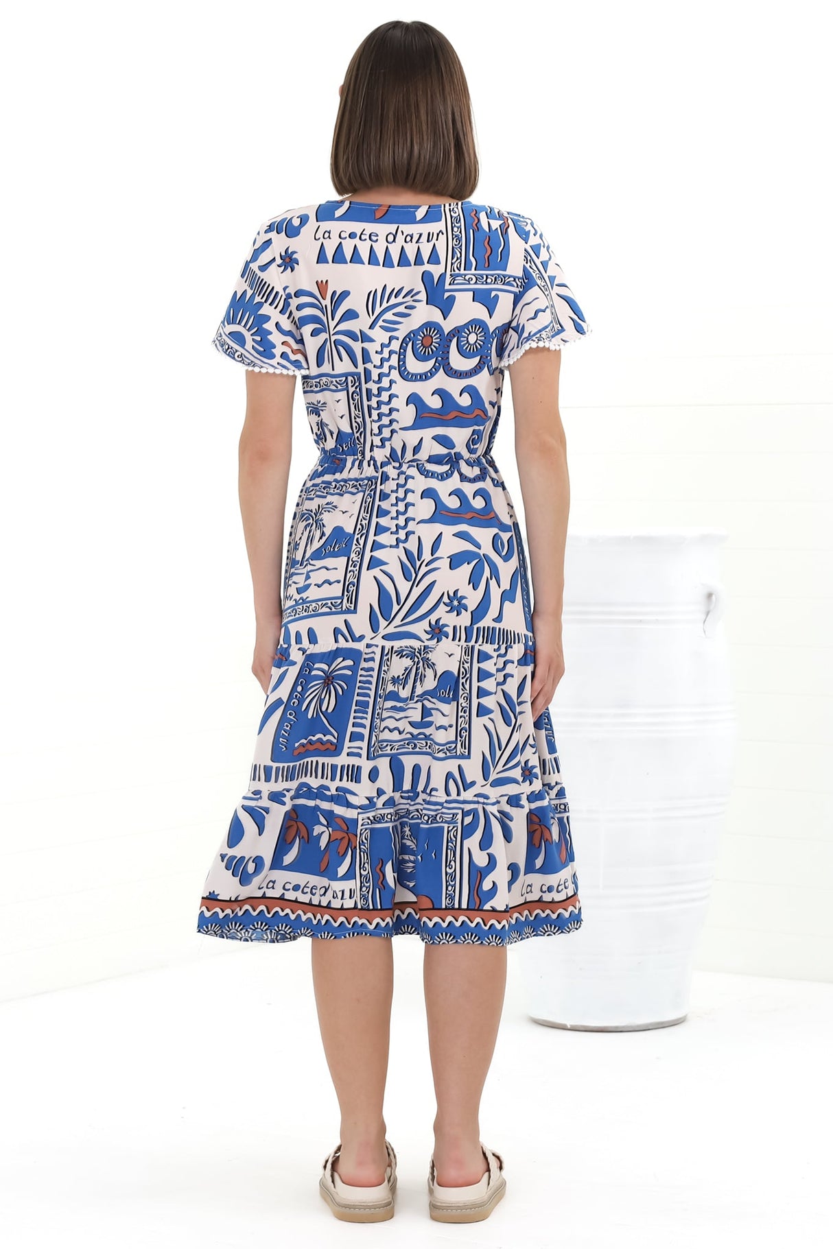 Carina Midi Dress - Cross Bodice A Line Dress with Pull Tie Waist in Gadu Print