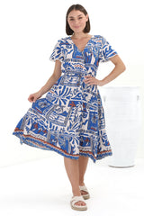 Carina Midi Dress - Cross Bodice A Line Dress with Pull Tie Waist in Gadu Print