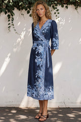 Carindi Midi Dress - V Neck Wrap Dress with Long Balloon Sleeves in Breakwater Print