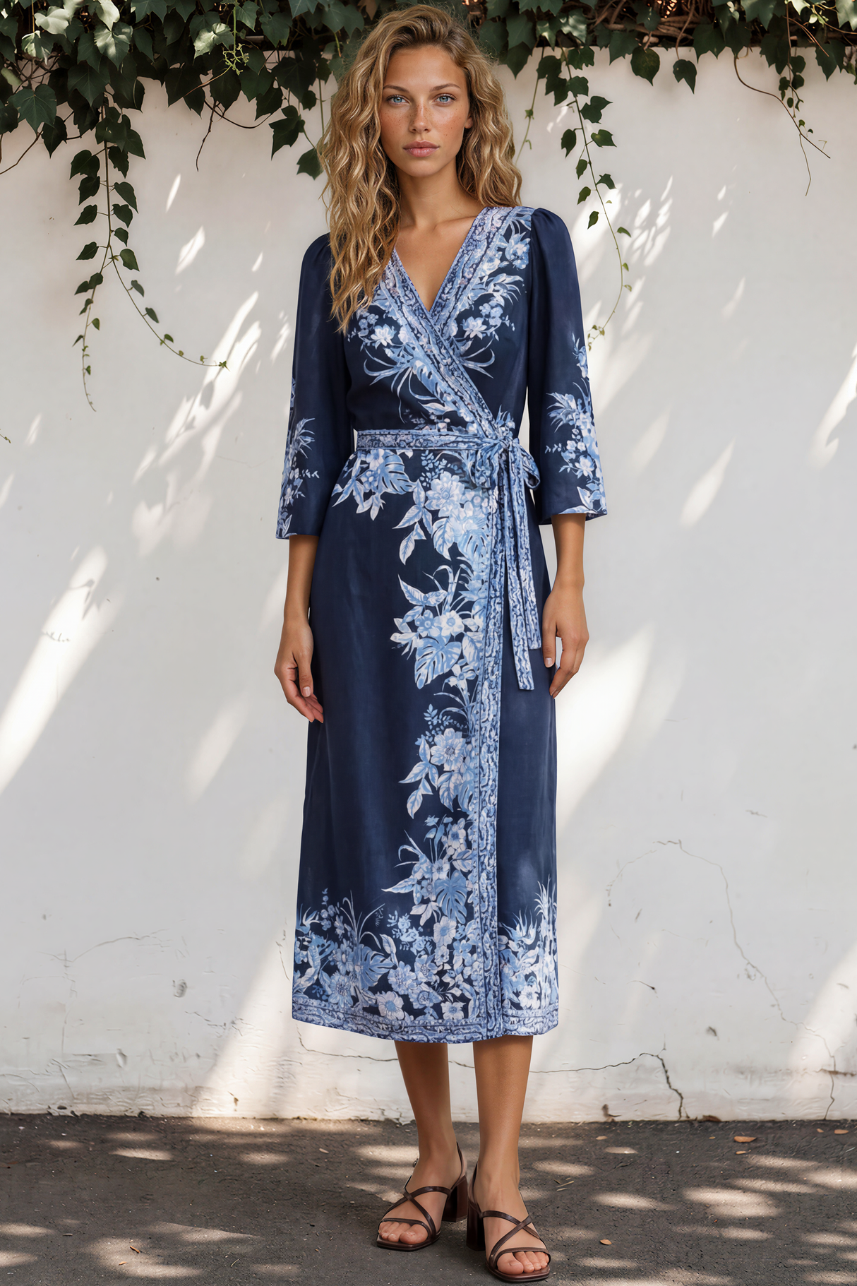 Carindi Midi Dress - V Neck Wrap Dress with Long Balloon Sleeves in Breakwater Print