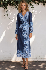 Carindi Midi Dress - V Neck Wrap Dress with Long Balloon Sleeves in Breakwater Print