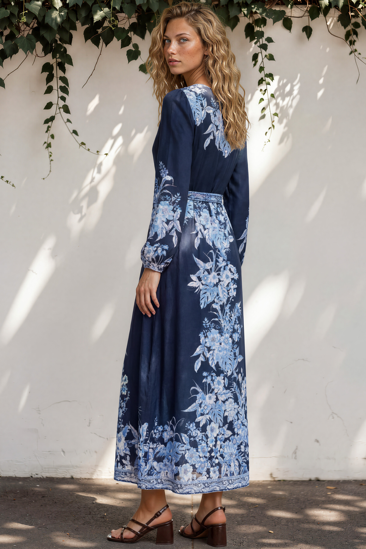 Carindi Midi Dress - V Neck Wrap Dress with Long Balloon Sleeves in Breakwater Print