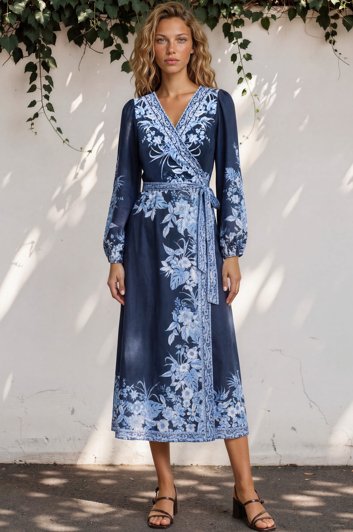 Carindi Midi Dress - V Neck Wrap Dress with Long Balloon Sleeves in Breakwater Print
