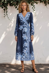 Carindi Midi Dress - V Neck Wrap Dress with Long Balloon Sleeves in Breakwater Print