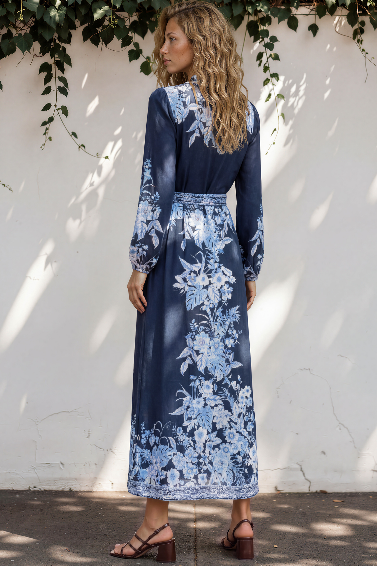 Carindi Midi Dress - V Neck Wrap Dress with Long Balloon Sleeves in Breakwater Print