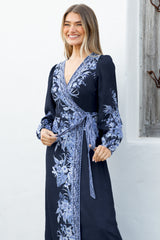 Carindi Midi Dress - V Neck Wrap Dress with Long Balloon Sleeves in Breakwater Print