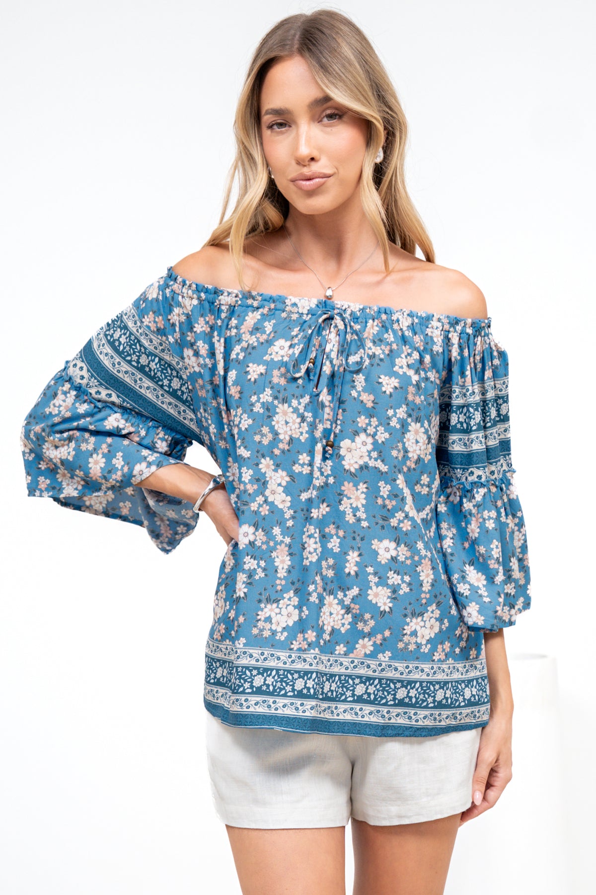 Carissa Top - On or Off Shoulder Pull Over Top in Muscari Print