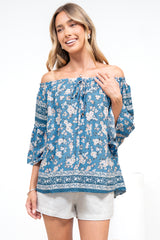 Carissa Top - On or Off Shoulder Pull Over Top in Muscari Print