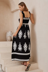 Carmelle Maxi Dress - Thick Strap Elasticated Bodice Sun Dress in Maceo Print Black