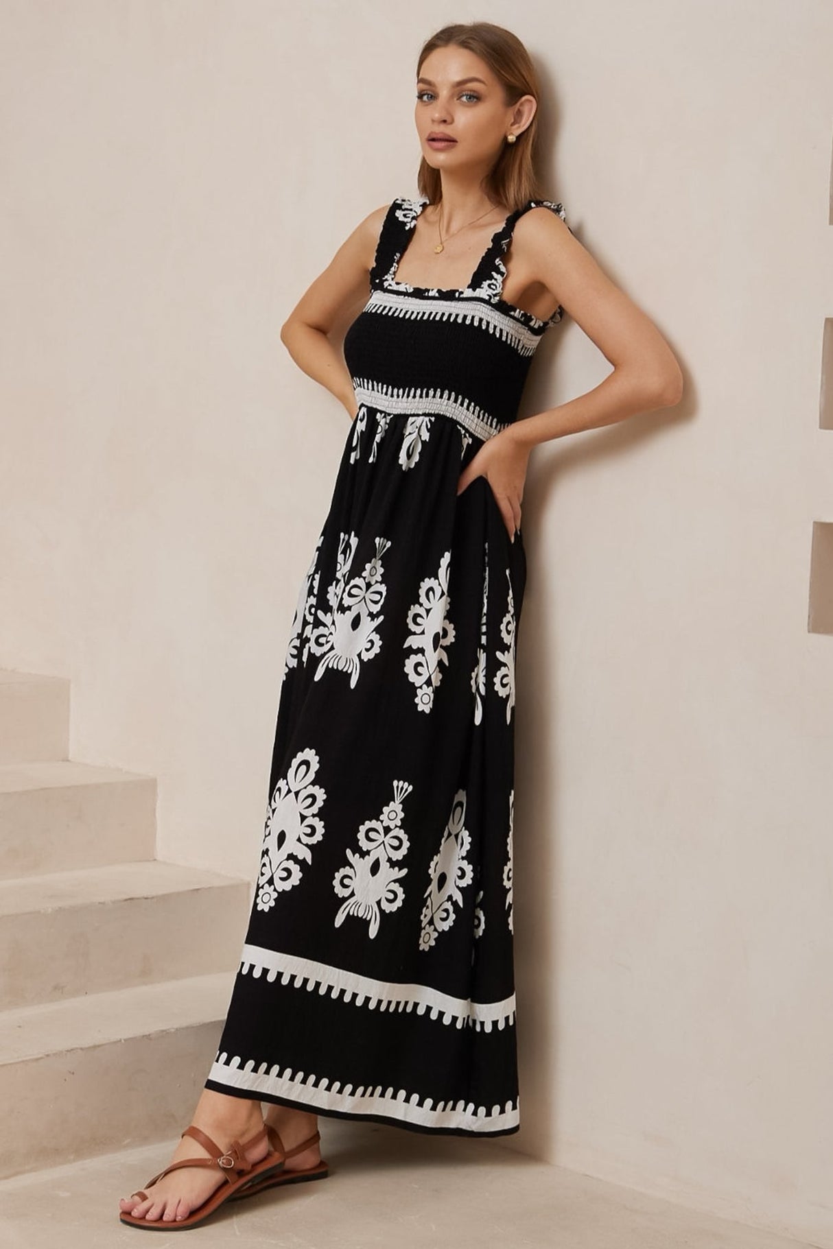 Carmelle Maxi Dress - Thick Strap Elasticated Bodice Sun Dress in Maceo Print Black