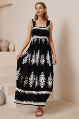 Carmelle Maxi Dress - Thick Strap Elasticated Bodice Sun Dress in Maceo Print Black