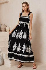 Carmelle Maxi Dress - Thick Strap Elasticated Bodice Sun Dress in Maceo Print Black