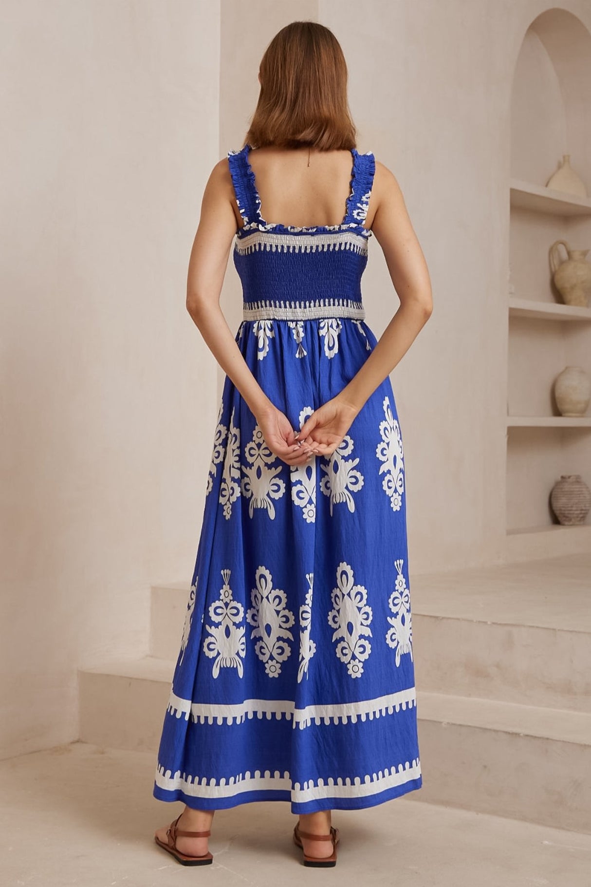 Carmelle Maxi Dress - Thick Strap Elasticated Bodice Sun Dress in Maceo Print Blue