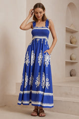 Carmelle Maxi Dress - Thick Strap Elasticated Bodice Sun Dress in Maceo Print Blue