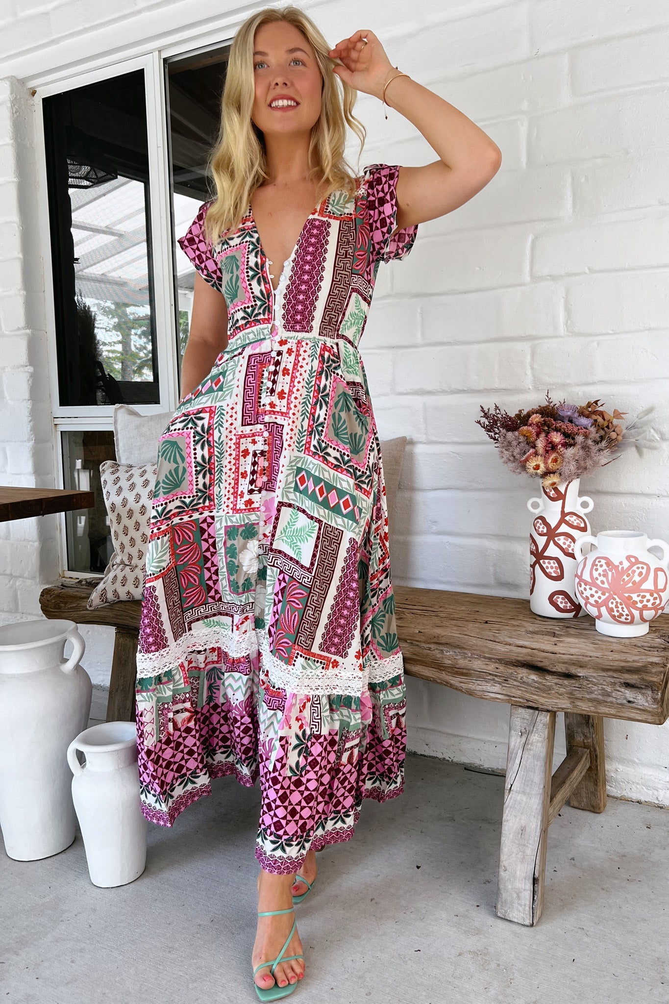 JAASE - Carmen Maxi Dress: Butterfly Cap Sleeve Button Down A Line Dress with Lace Trim in Aelia Print