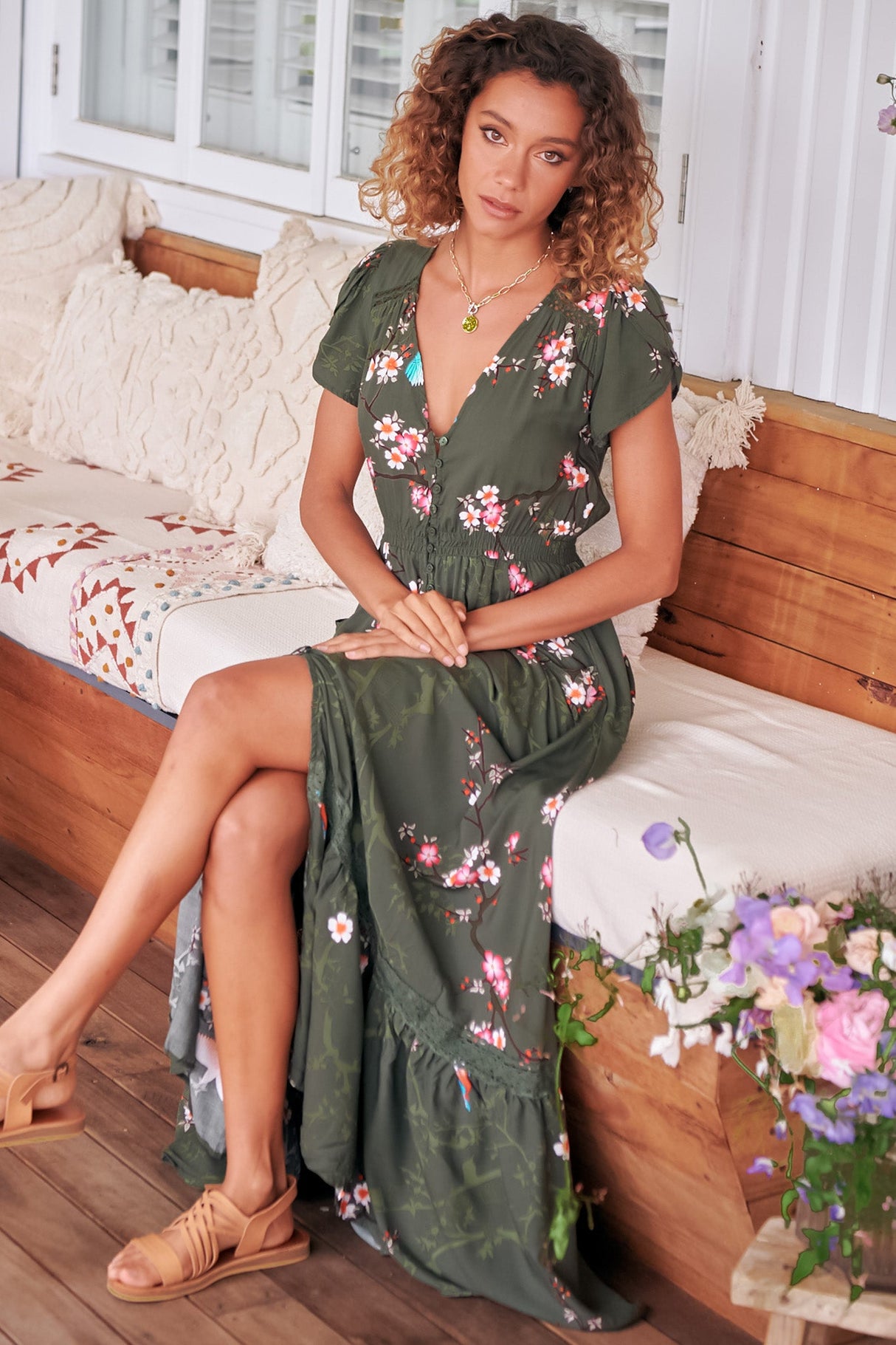 JAASE - Carmen Maxi Dress: Butterfly Cap Sleeve Button Down A Line Dress with Lace Trim in Bird Paradise Print