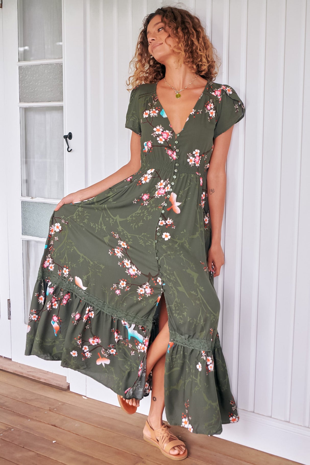 JAASE - Carmen Maxi Dress: Butterfly Cap Sleeve Button Down A Line Dress with Lace Trim in Bird Paradise Print