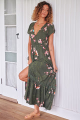 JAASE - Carmen Maxi Dress: Butterfly Cap Sleeve Button Down A Line Dress with Lace Trim in Bird Paradise Print