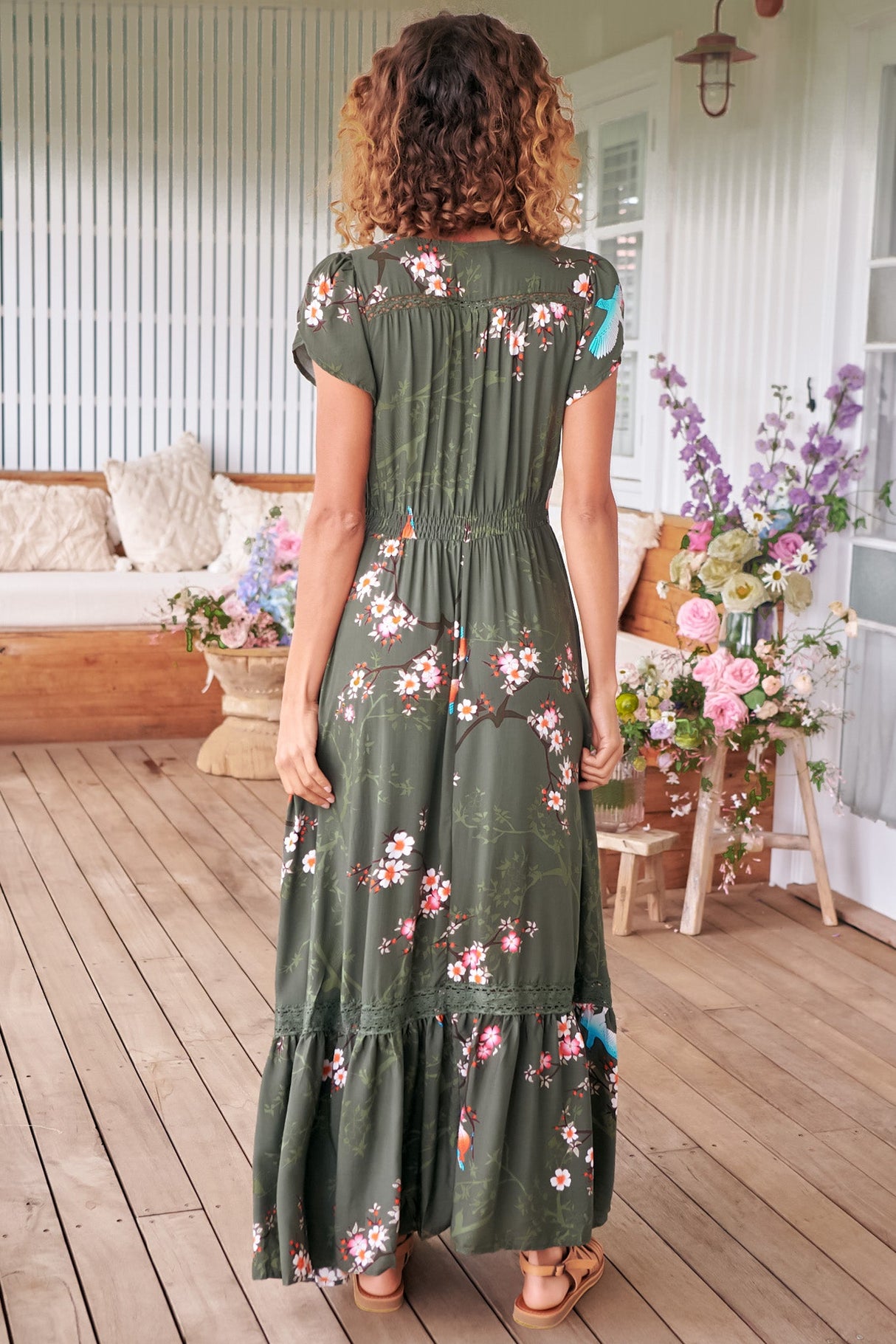 JAASE - Carmen Maxi Dress: Butterfly Cap Sleeve Button Down A Line Dress with Lace Trim in Bird Paradise Print