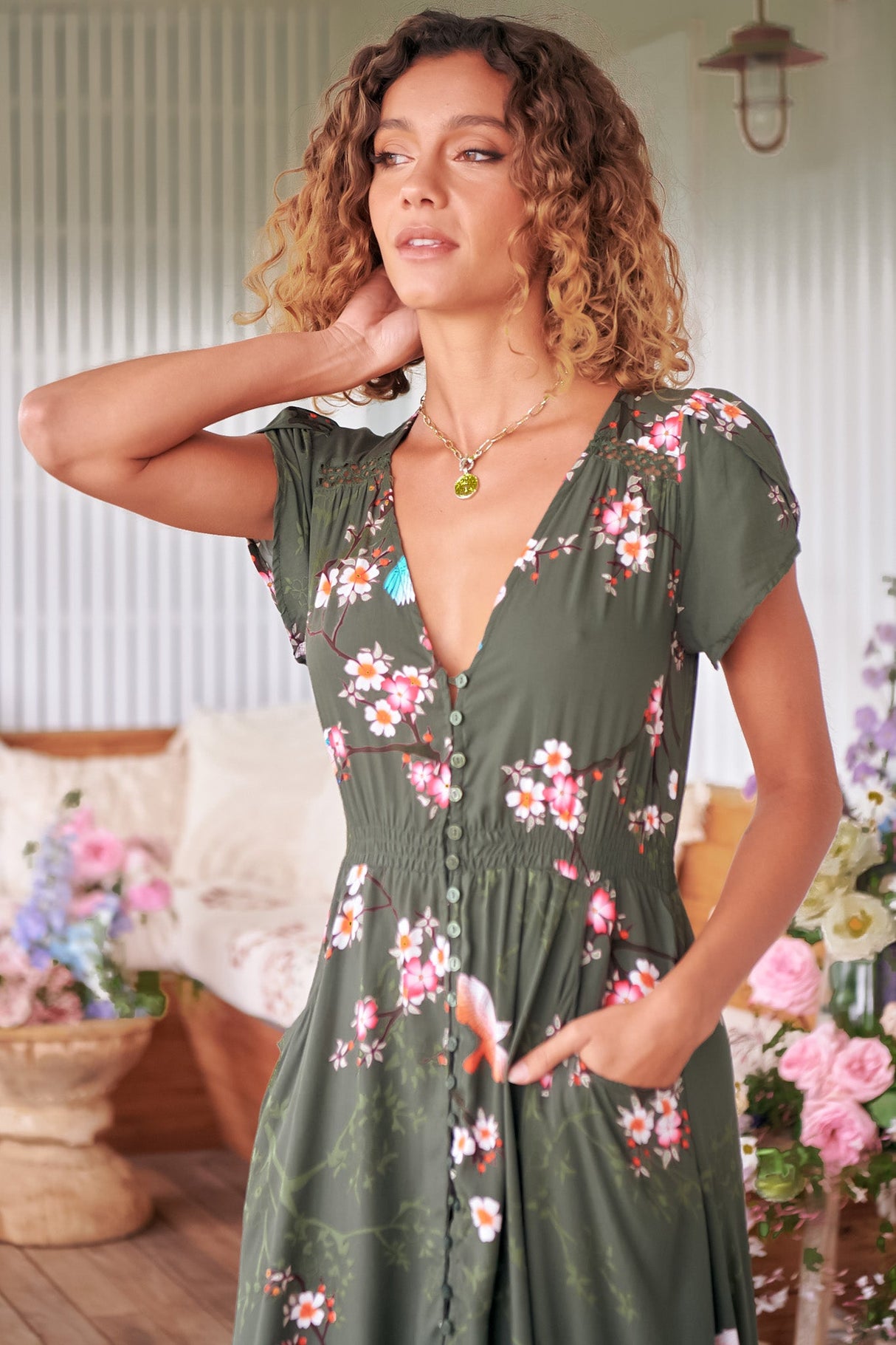 JAASE - Carmen Maxi Dress: Butterfly Cap Sleeve Button Down A Line Dress with Lace Trim in Bird Paradise Print