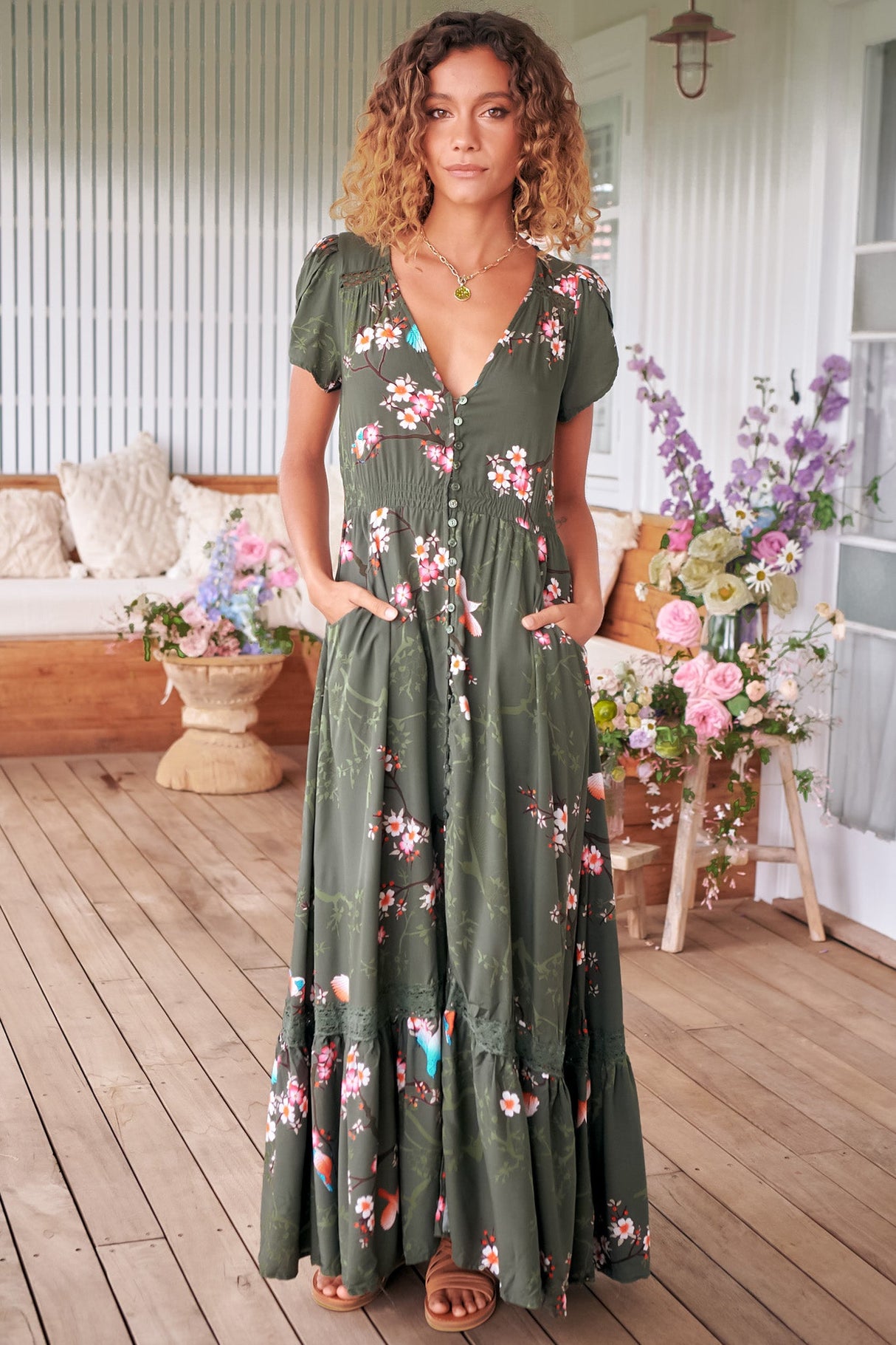 JAASE - Carmen Maxi Dress: Butterfly Cap Sleeve Button Down A Line Dress with Lace Trim in Bird Paradise Print