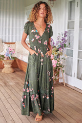 JAASE - Carmen Maxi Dress: Butterfly Cap Sleeve Button Down A Line Dress with Lace Trim in Bird Paradise Print