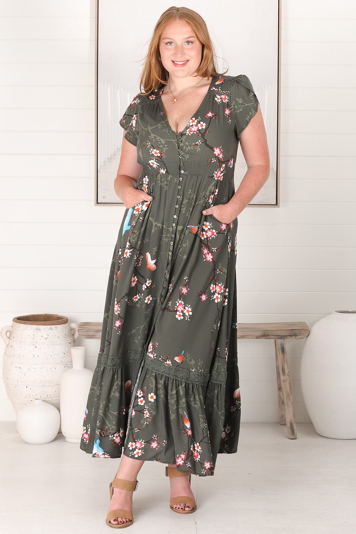 JAASE - Carmen Maxi Dress: Butterfly Cap Sleeve Button Down A Line Dress with Lace Trim in Bird Paradise Print