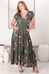 JAASE - Carmen Maxi Dress: Butterfly Cap Sleeve Button Down A Line Dress with Lace Trim in Bird Paradise Print