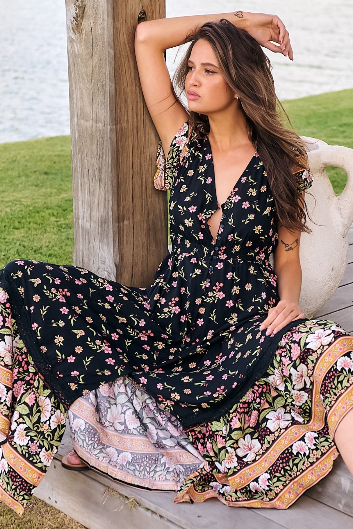 JAASE - Carmen Maxi Dress: Butterfly Cap Sleeve Button Down A Line Dress with Lace Trim in Eternity Print