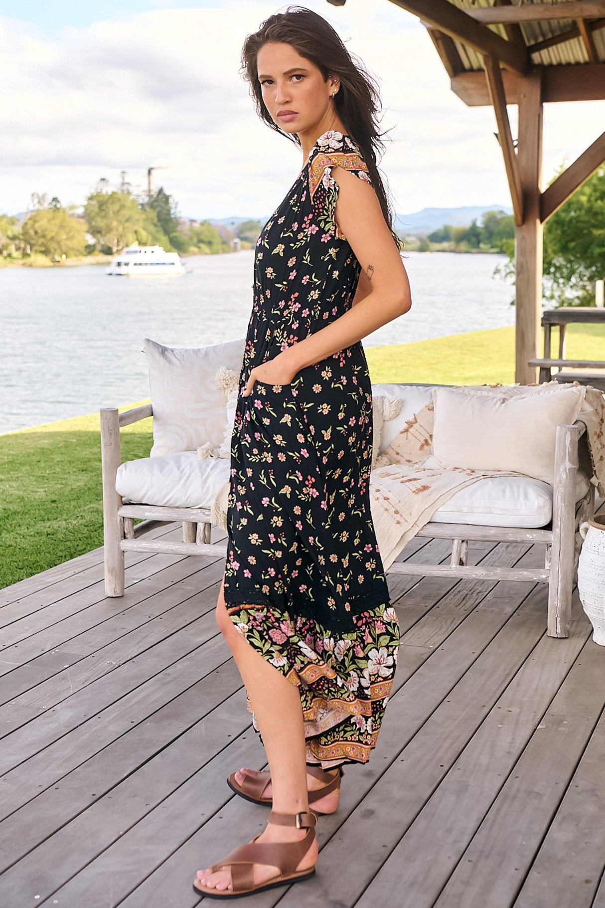 JAASE - Carmen Maxi Dress: Butterfly Cap Sleeve Button Down A Line Dress with Lace Trim in Eternity Print