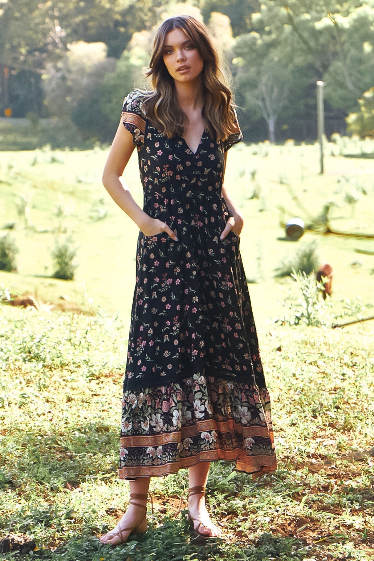 JAASE - Carmen Maxi Dress: Butterfly Cap Sleeve Button Down A Line Dress with Lace Trim in Eternity Print