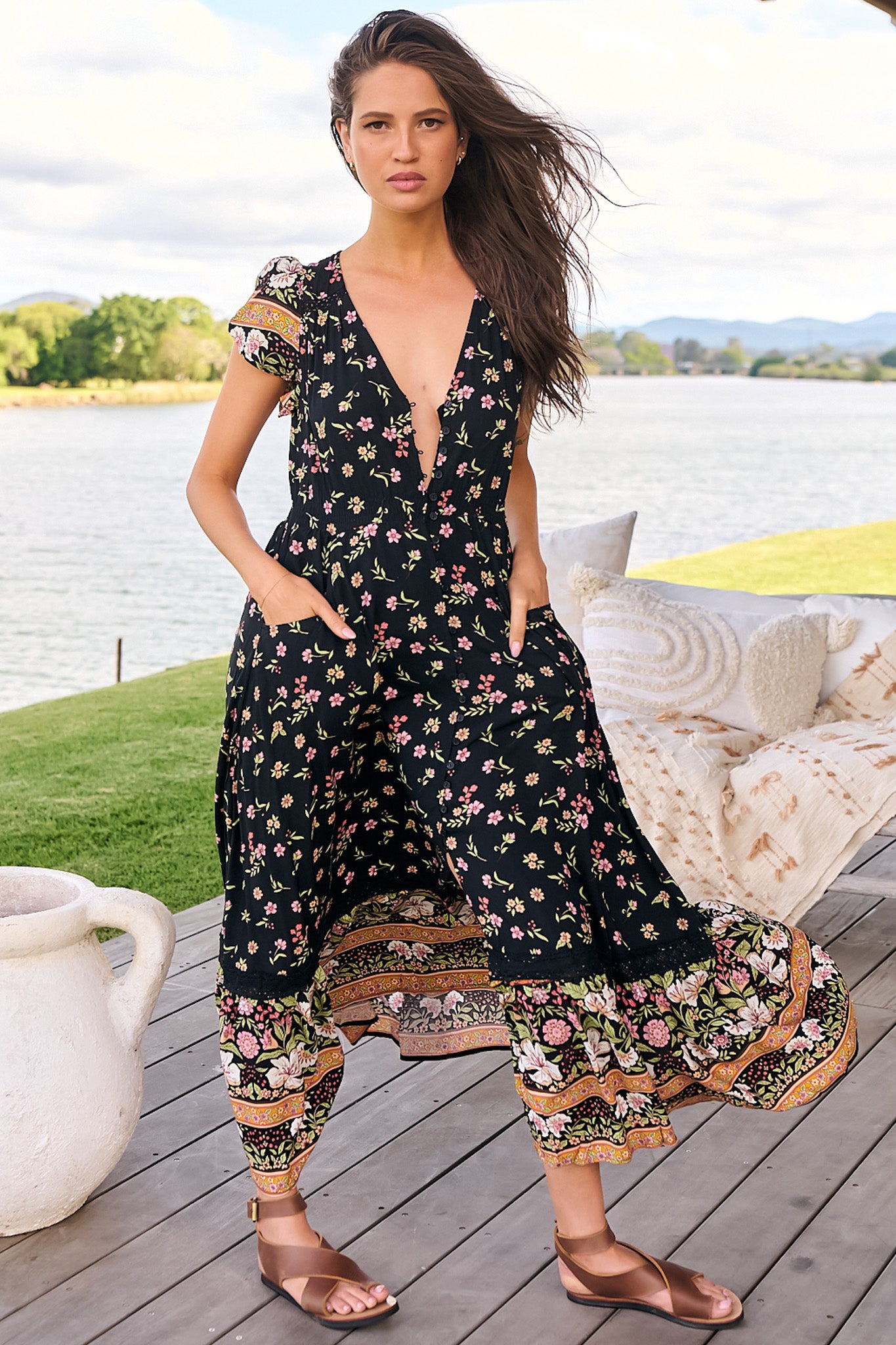JAASE - Carmen Maxi Dress: Butterfly Cap Sleeve Button Down A Line Dress with Lace Trim in Eternity Print