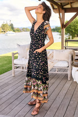 JAASE - Carmen Maxi Dress: Butterfly Cap Sleeve Button Down A Line Dress with Lace Trim in Eternity Print