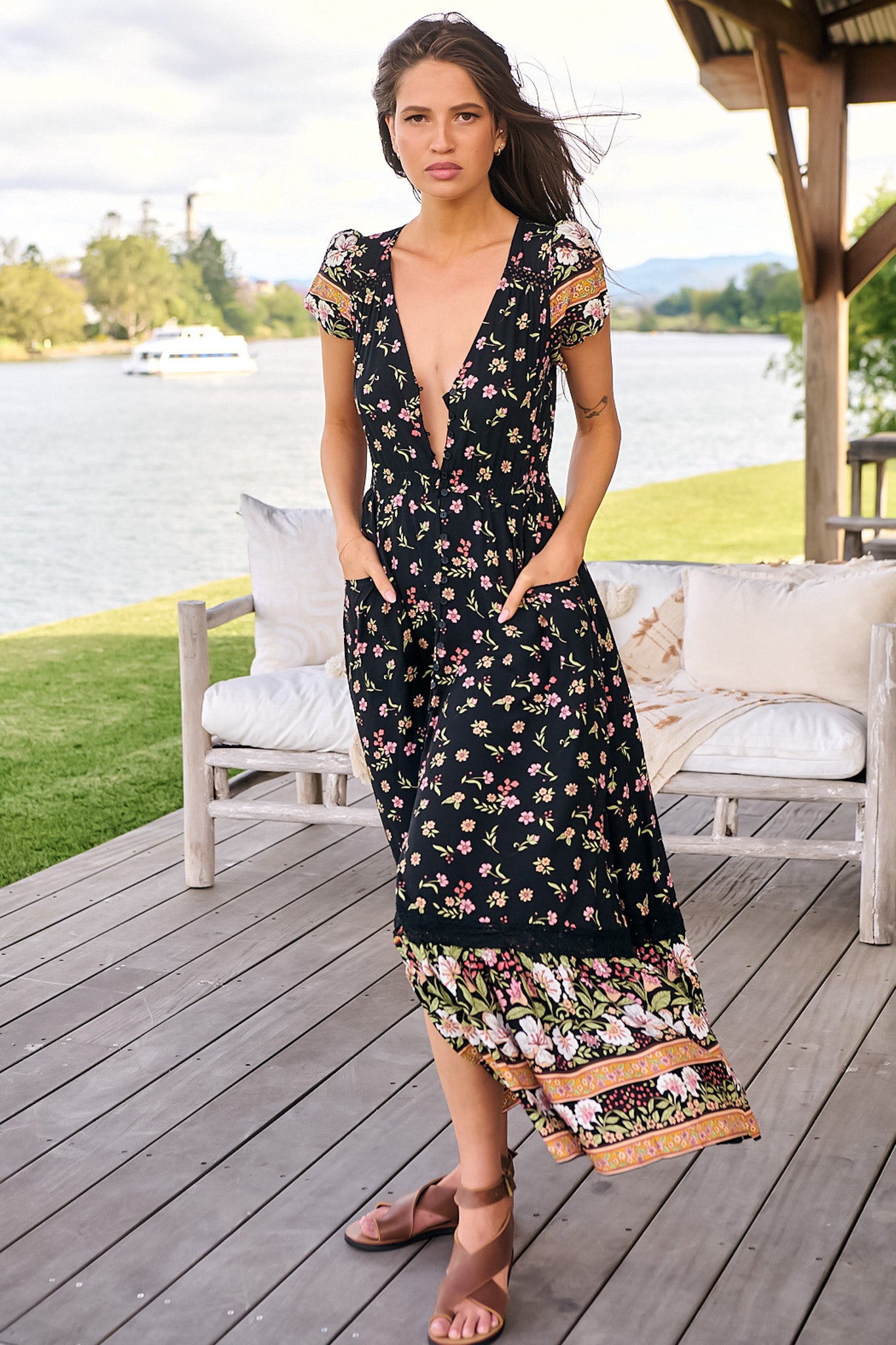 JAASE - Carmen Maxi Dress: Butterfly Cap Sleeve Button Down A Line Dress with Lace Trim in Eternity Print