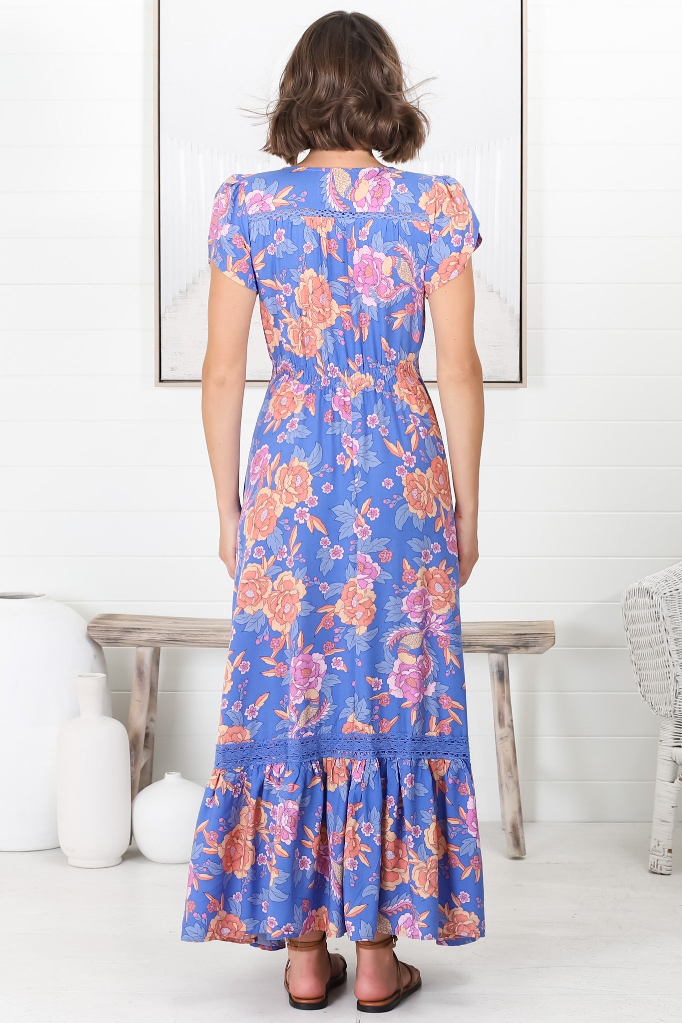 JAASE - Carmen Maxi Dress: Butterfly Cap Sleeve Button Down A Line Dress with Lace Trim in Glastonbury Print