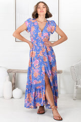 JAASE - Carmen Maxi Dress: Butterfly Cap Sleeve Button Down A Line Dress with Lace Trim in Glastonbury Print