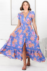 JAASE - Carmen Maxi Dress: Butterfly Cap Sleeve Button Down A Line Dress with Lace Trim in Glastonbury Print