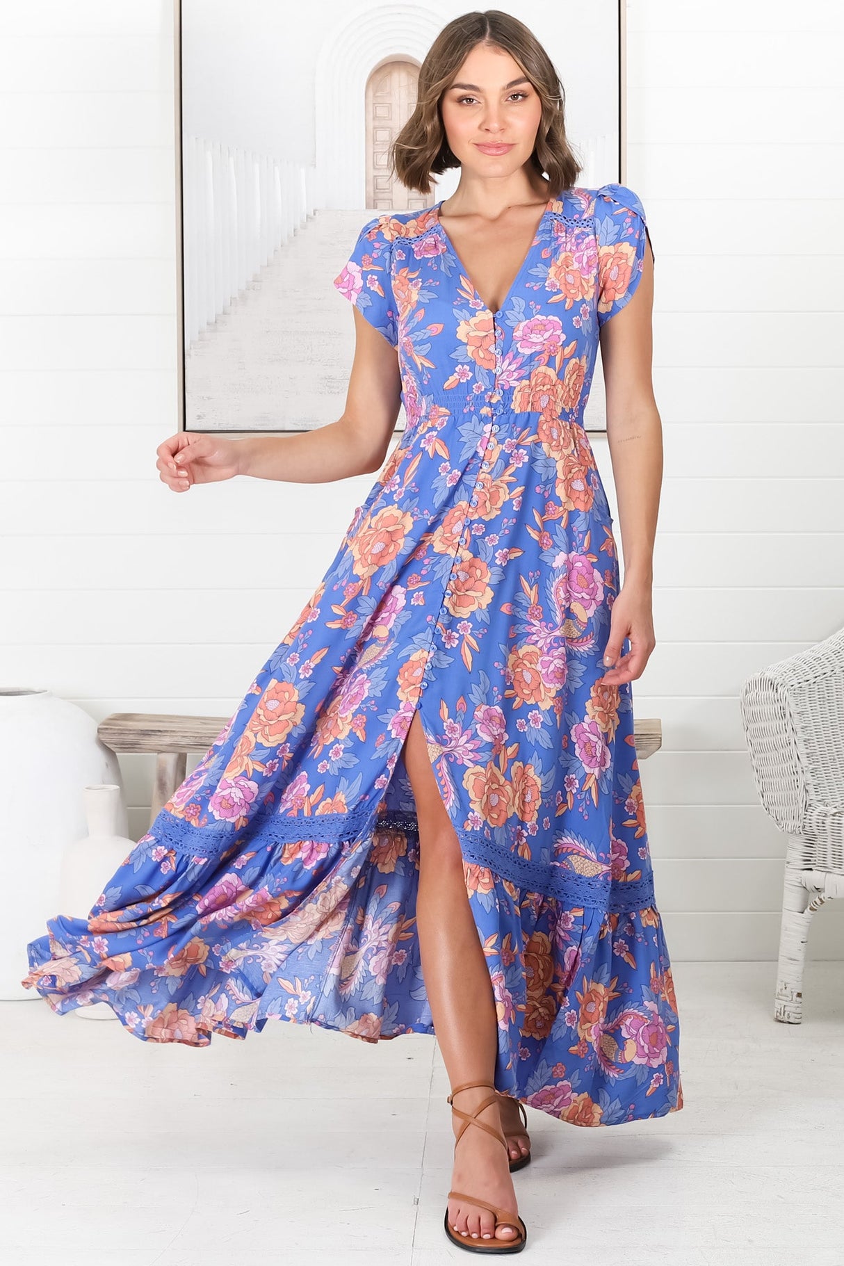 JAASE - Carmen Maxi Dress: Butterfly Cap Sleeve Button Down A Line Dress with Lace Trim in Glastonbury Print