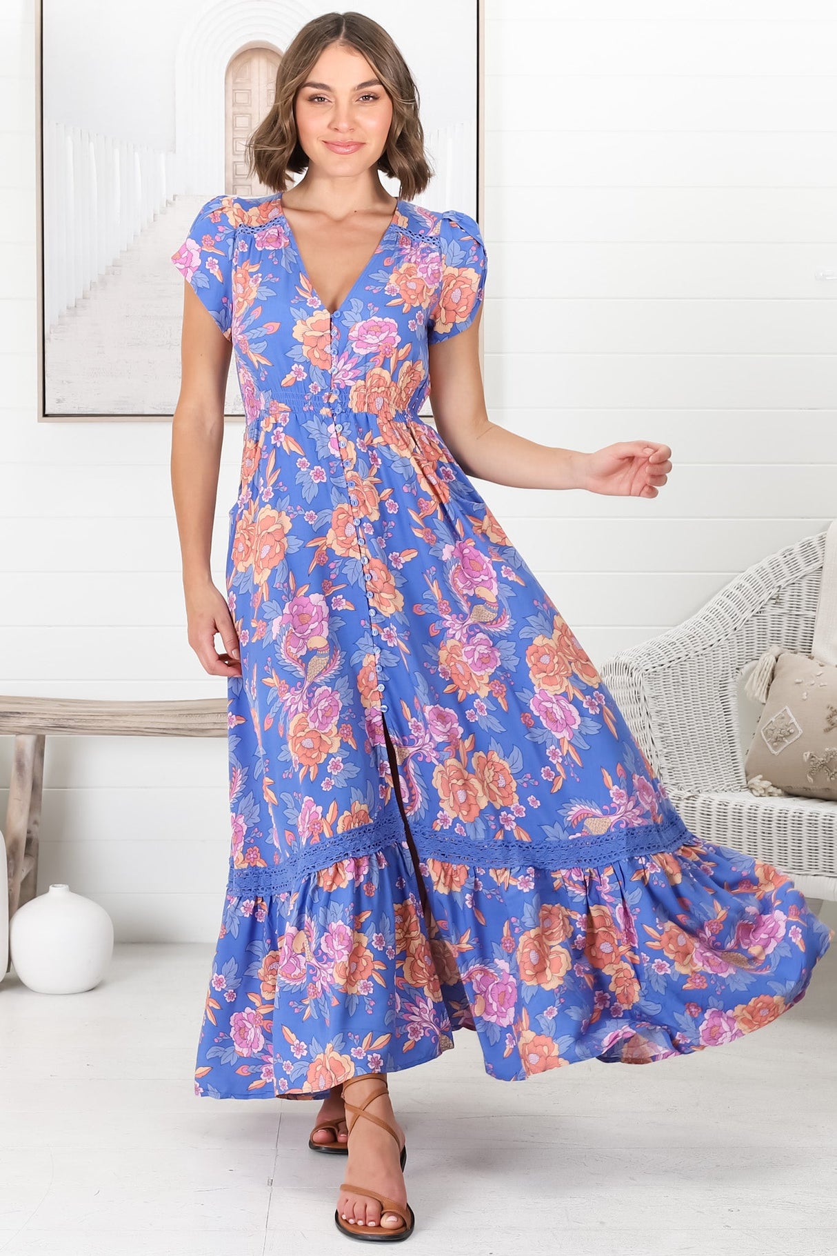 JAASE - Carmen Maxi Dress: Butterfly Cap Sleeve Button Down A Line Dress with Lace Trim in Glastonbury Print