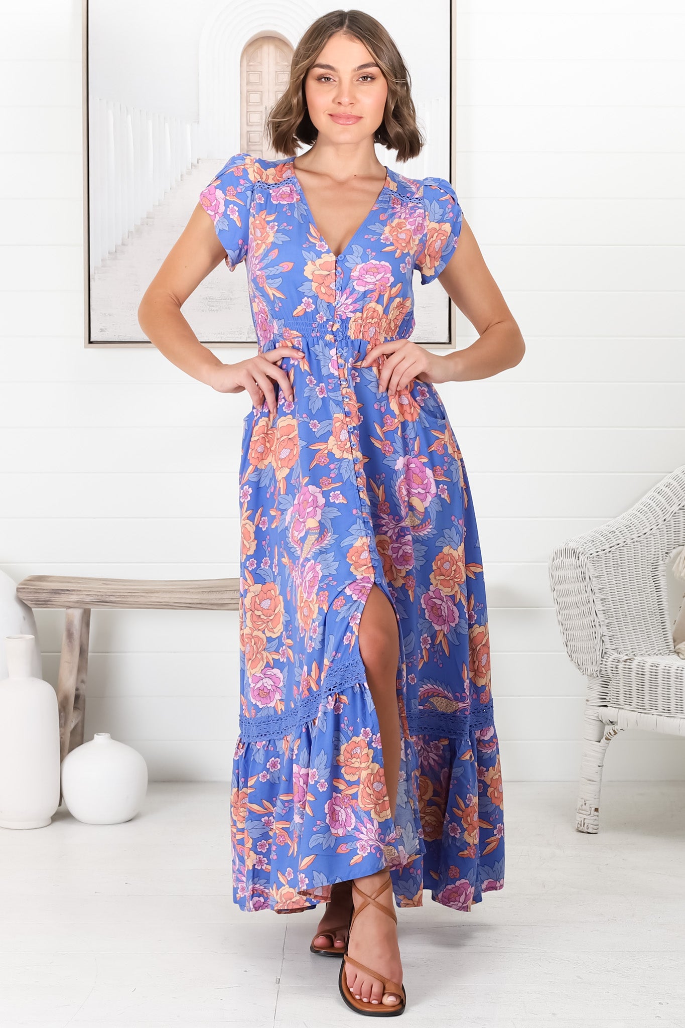 JAASE - Carmen Maxi Dress: Butterfly Cap Sleeve Button Down A Line Dress with Lace Trim in Glastonbury Print