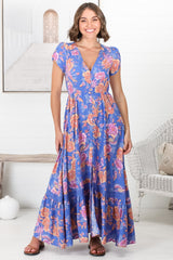 JAASE - Carmen Maxi Dress: Butterfly Cap Sleeve Button Down A Line Dress with Lace Trim in Glastonbury Print