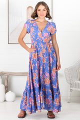 JAASE - Carmen Maxi Dress: Butterfly Cap Sleeve Button Down A Line Dress with Lace Trim in Glastonbury Print