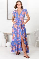 JAASE - Carmen Maxi Dress: Butterfly Cap Sleeve Button Down A Line Dress with Lace Trim in Glastonbury Print