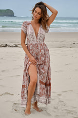 JAASE - Carmen Maxi Dress: Butterfly Cap Sleeve Button Down A Line Dress with Lace Trim in Indah Print