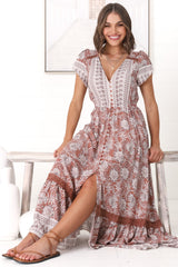 JAASE - Carmen Maxi Dress: Butterfly Cap Sleeve Button Down A Line Dress with Lace Trim in Indah Print